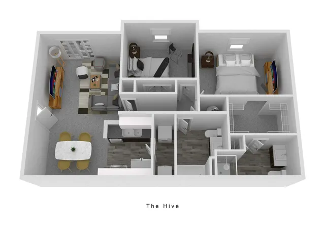 The Hive 3D floor plan showcasing a modern apartment with two cozy bedrooms, a spacious living area, and a sleek kitchen and dining space.