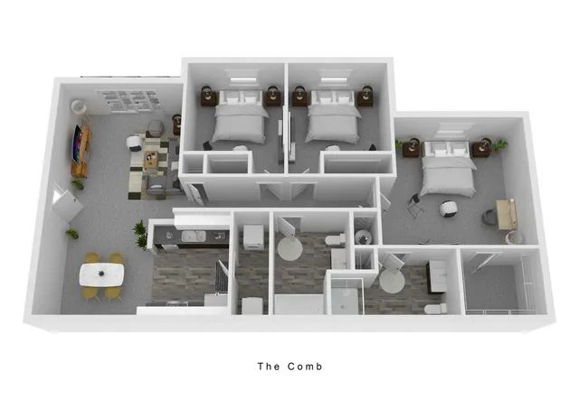 The Comb 3D floor plan showcasing a modern 3-bedroom layout with a cozy living area, a stylish kitchen, and a spacious dining room.