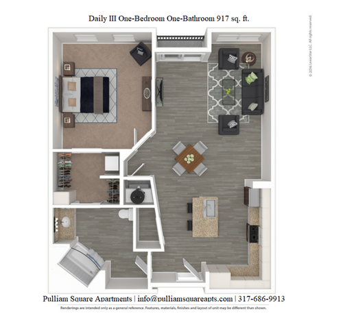 Charming floor plan for Pulliam Square Apartments showcasing a one-bedroom, one-bathroom layout with 917 sq. ft., featuring a cozy living area, stylish kitchen, and inviting bedroom.