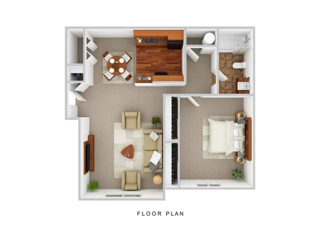 Modern floor plan showcasing an open living and dining area, sleek kitchen, spacious bedroom, and elegant bathroom.