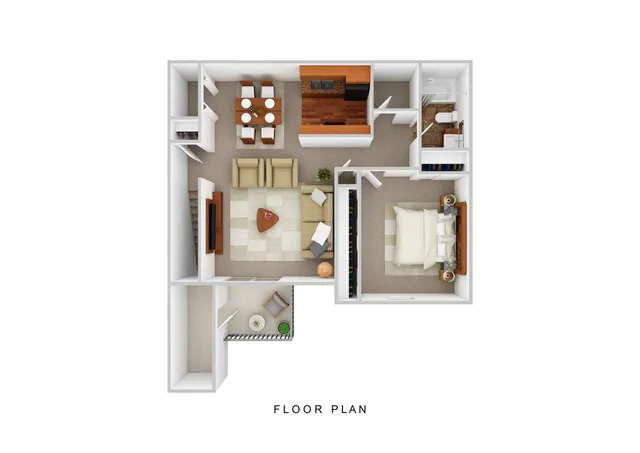 Contemporary 2D floor plan showcasing a cozy one-bedroom layout, spacious living area, stylish dining space, and modern kitchen with a tranquil balcony.