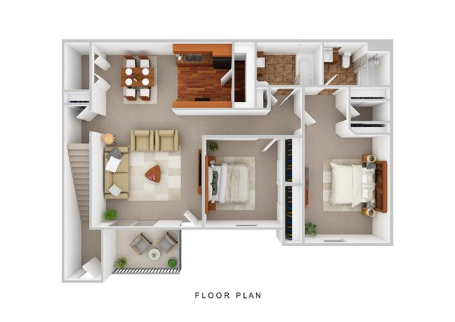 Modern 2D floor plan featuring 2 spacious bedrooms, inviting living room, separate dining area, and a private balcony.