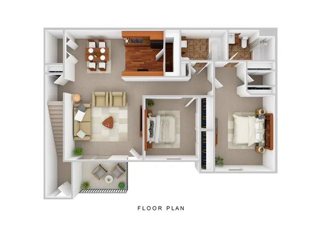 Contemporary 2D floor plan showcasing 2 bedrooms, a cozy living room, modern kitchen, and private balcony.