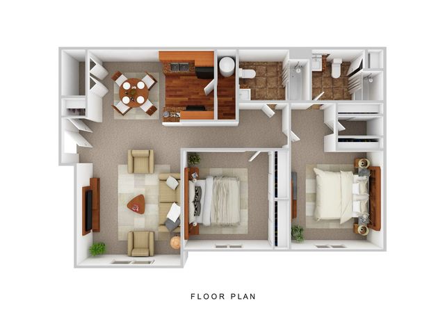 Inviting 3D floor plan showcasing 2 cozy bedrooms, open living area, stylish kitchen with wood flooring, and two well-appointed bathrooms.