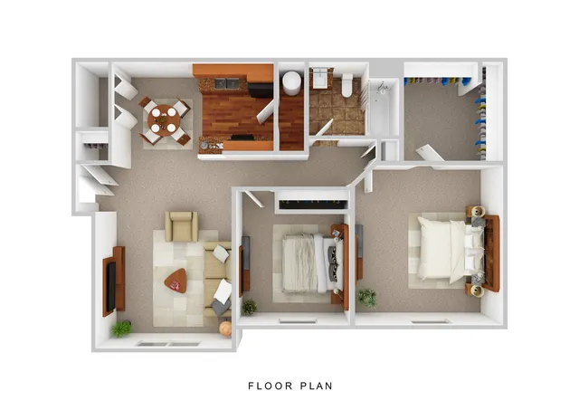 Modern 2D floor plan showcasing an elegant layout with two spacious bedrooms, a cozy living room, stylish dining area, and a well-equipped kitchen.