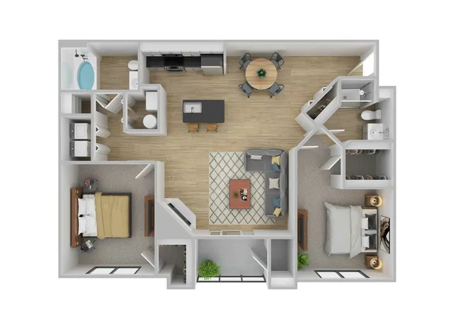 Modern 3D floor plan with two spacious bedrooms, open-concept kitchen with island, cozy living room, and inviting balcony space.