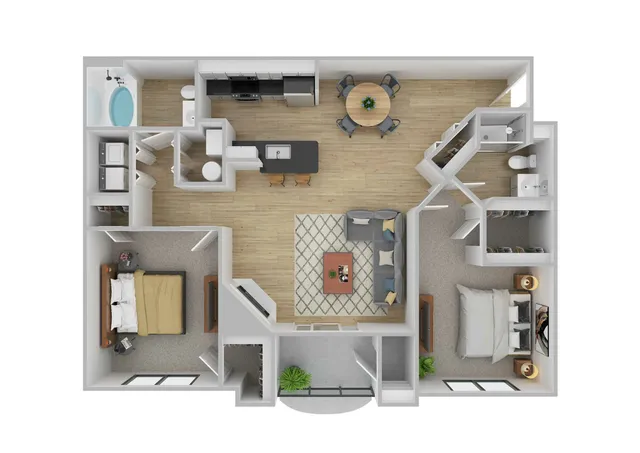 Chic 3D floor plan showcasing a modern two-bedroom apartment with an open-concept living room, stylish kitchen island, and two sleek bathrooms.