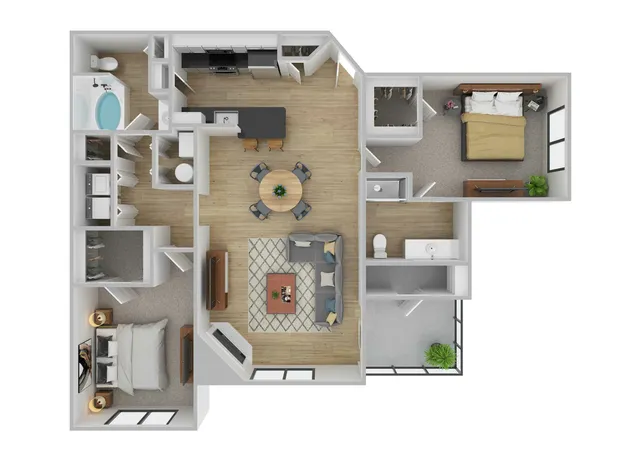 Modern 3D floor plan with 2 bedrooms, open-concept kitchen, bright living room, and 2 sleek bathrooms. Perfect blend of space and functionality.