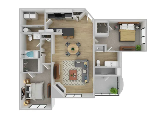 Modern 3D floor plan showcasing 2 spacious bedrooms, an elegant open-concept kitchen with island seating, a welcoming living area, and two luxurious bathrooms.