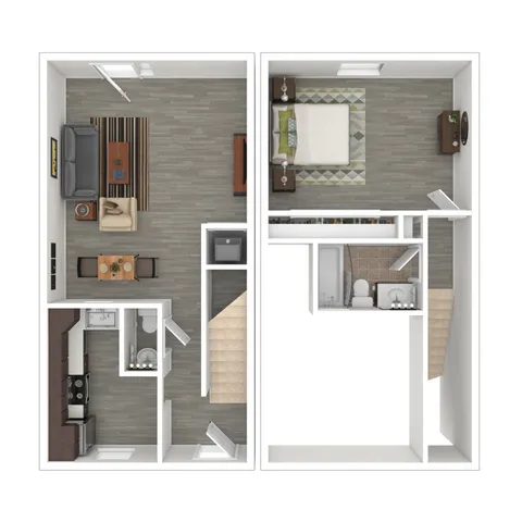Modern two-story floor plan showcasing an open living area, cozy bedroom, and sleek kitchen with ample natural light.