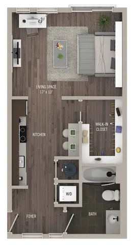 Modern floor plan showcasing a spacious living area, sleek kitchen, large walk-in closet, and luxurious bath.