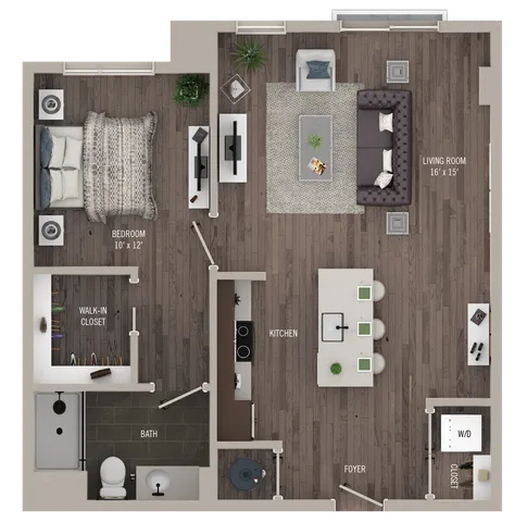 Chic floor plan with 1 bedroom, spacious living room, modern kitchen, and walk-in closet.