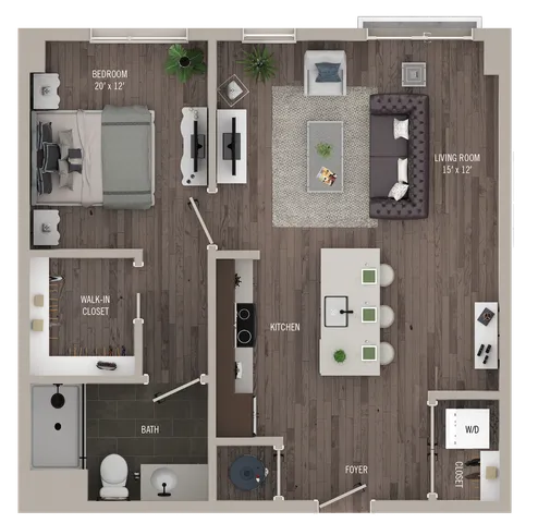 Modern floor plan featuring a spacious bedroom with a walk-in closet, open kitchen, and cozy living room with stylish furniture.