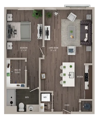 Modern floor plan showcasing a spacious one-bedroom apartment with a large living room, sleek kitchen, and a walk-in closet, ideal for stylish urban living.