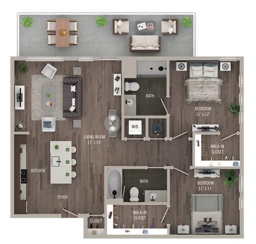 Elegant floor plan featuring 2 bedrooms, stylish open kitchen, spacious living area, and relaxing patio space.