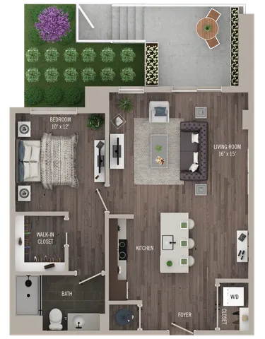 Charming 1-bedroom apartment floor plan featuring a cozy living room, modern kitchen, walk-in closet, and a private garden patio.