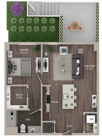 Elegant floor plan showcasing a large 20x12 bedroom, stylish living room, modern kitchen, and inviting outdoor patio area, perfect for urban living.