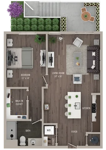 Chic 1-bedroom apartment floor plan with spacious living room, modern kitchen, walk-in closet, and outdoor patio surrounded by greenery.