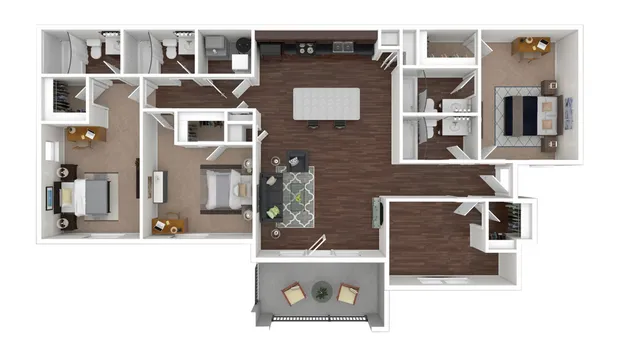Modern 3D floor plan featuring three spacious bedrooms, elegant open-concept living and dining area, sleek kitchen, and two luxurious bathrooms.
