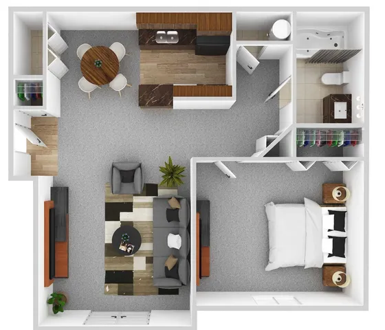 Elegant 3D floor plan featuring a cozy living room, modern kitchen, dining area, spacious bedroom, and stylish bathroom.