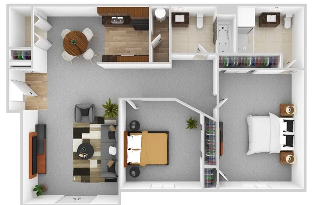 Contemporary 3D floor plan showcasing two bedrooms, an open-concept living area, and a modern kitchen with adjacent dining space. Includes two bathrooms and a stylish layout for optimal comfort.