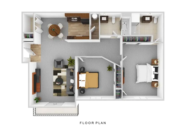 Modern 2D floor plan showcasing 2 bedrooms, an inviting living room, a fully-equipped kitchen, and a cozy dining area.