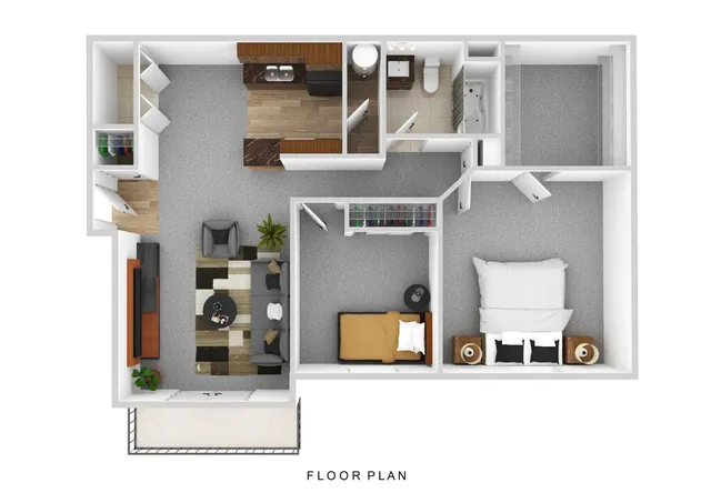 Modern floor plan showcasing 2 bedrooms, spacious living area, and stylish kitchen with elegant finishes.
