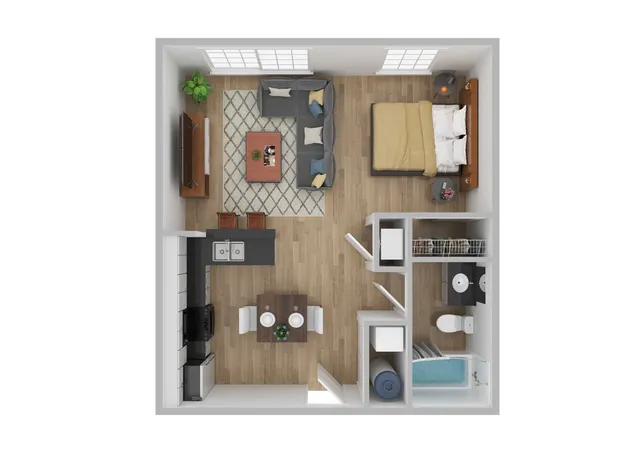 Inviting floor plan with a cozy bedroom, spacious living area, modern kitchen, and stylish bathroom, perfect for comfortable living.