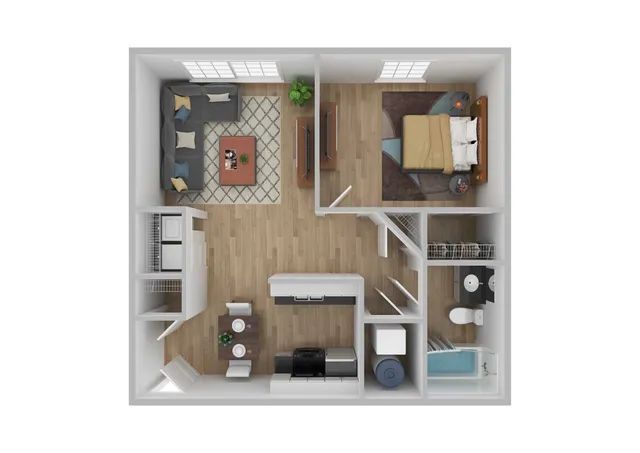 Contemporary 3D floor plan showcasing cozy bedroom, stylish living area, modern kitchen, and elegant bathroom.