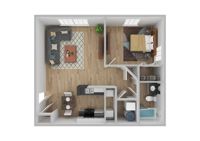 Modern 1-bedroom apartment floor plan featuring an open-concept living and dining area, sleek kitchen, cozy bedroom, and stylish bathroom.