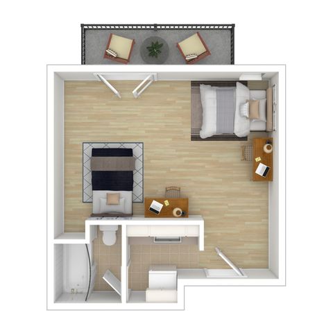 Chic studio apartment floor plan with cozy sleeping area, open living space, compact kitchen, modern bathroom, and private balcony with seating.