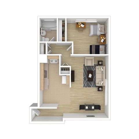 Contemporary floor plan featuring 1 bedroom, a spacious living area, a modern kitchen, and a sleek bathroom, perfect for urban living.