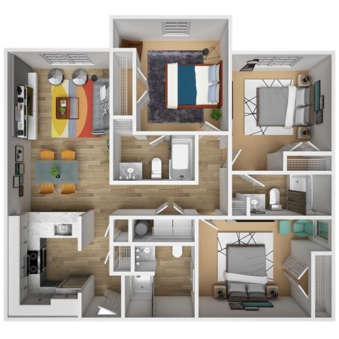 Modern 3D floor plan featuring three spacious bedrooms, a vibrant living area, and a sleek kitchen with stylish dining space.