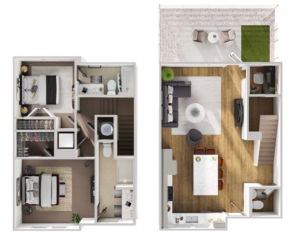 Elegant two-story floor plan showcasing modern open-concept living space, stylish kitchen, two bedrooms, private balcony, and inviting living room with natural light.
