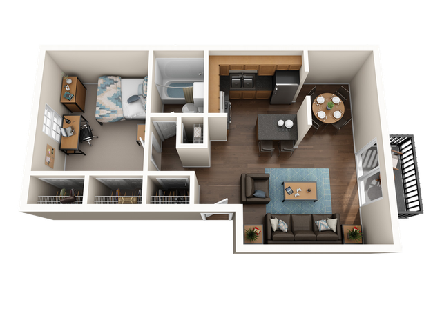 Chic 3D floor plan featuring 1 bedroom with a study area, modern kitchen with island, cozy living room, and elegant dining area, all with contemporary decor.