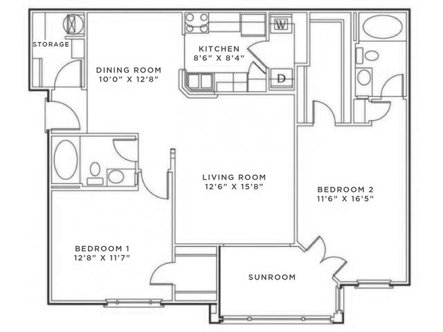 Elegant 2D floor plan illustrating 2 spacious bedrooms, modern kitchen, inviting living room, and a sunroom perfect for relaxation.