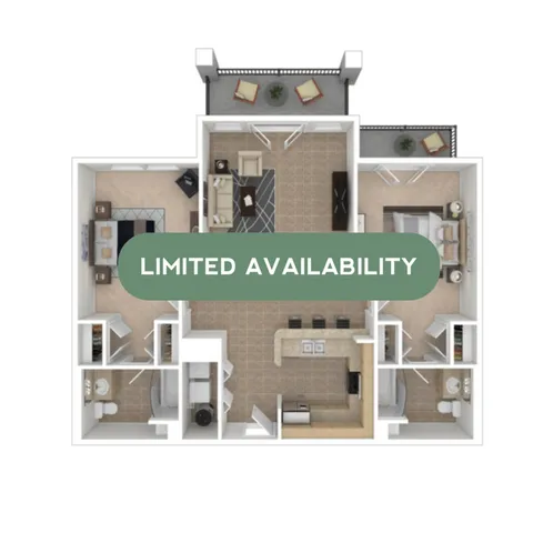 Chic floor plan displaying two-bedroom layout, open living area with balcony, and modern kitchen. Limited availability.