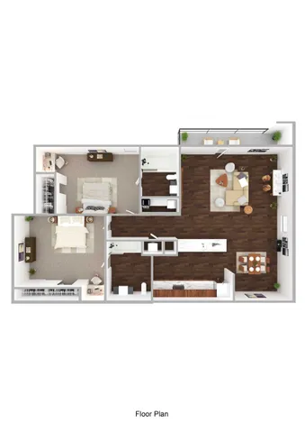 Modern 2D floor plan showcasing 2 bedrooms, a sleek open-concept living and dining area, and a stylish kitchen with bar seating.