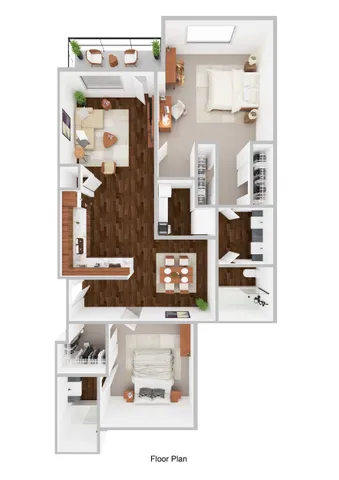 Modern 2D apartment floor plan showcasing a spacious 2-bedroom layout with an open-concept kitchen and cozy living room, featuring chic wood flooring and a private balcony for relaxed living.
