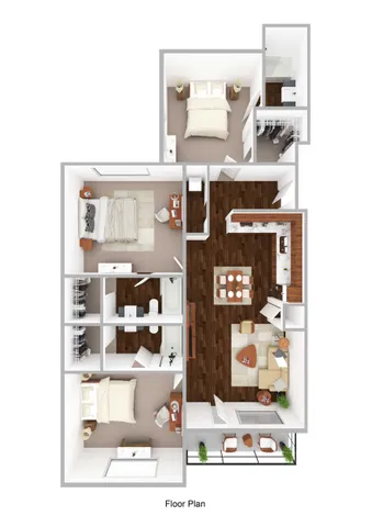 Elegant 3D floor plan showcasing three spacious bedrooms, a modern open-concept living area with a stylish kitchen, and a cozy balcony with lush greenery.