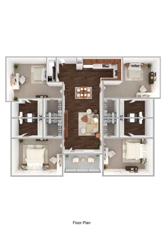 Modern 3D floor plan featuring 4 bedrooms, central living area, sleek kitchen, and private balcony.