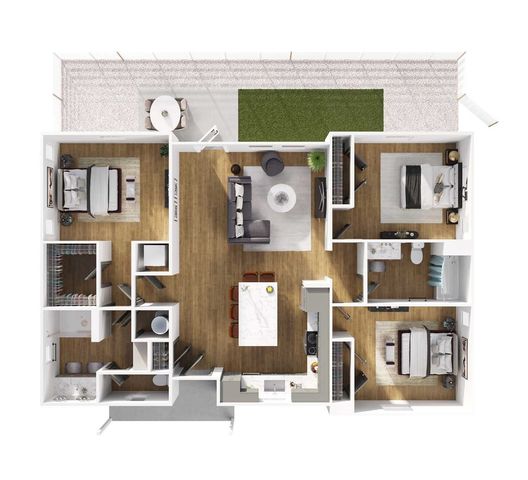 Modern 3D apartment floor plan showcasing 3 bedrooms, stylish open-plan living area, contemporary kitchen, and cozy balcony space.