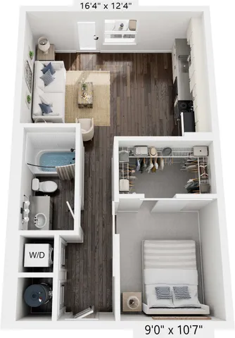 Modern 1-bedroom apartment floor plan with spacious living area, contemporary kitchen, and elegant bathroom, featuring ample closet space and in-unit laundry.