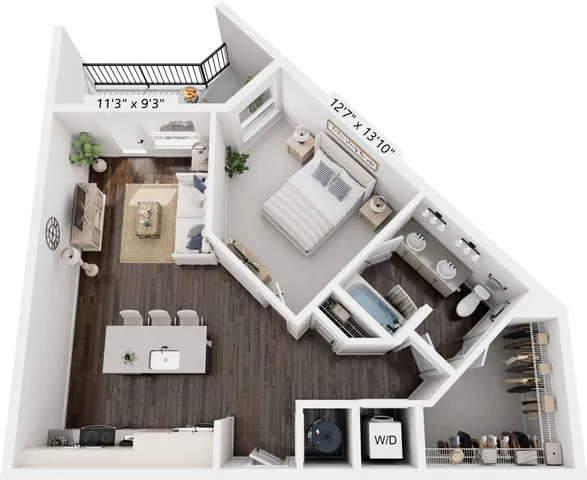 Chic one-bedroom apartment floor plan with open-concept living area, modern kitchen, spacious bathroom, and private balcony.