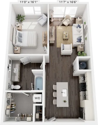 Inviting floor plan featuring a cozy bedroom, stylish living room, modern kitchen, and luxurious bathroom with spacious closet space.
