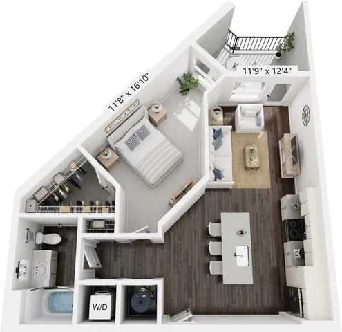 Charming 3D floor plan showcasing a cozy one-bedroom apartment with an open-concept living and dining area, modern kitchen, and private balcony.