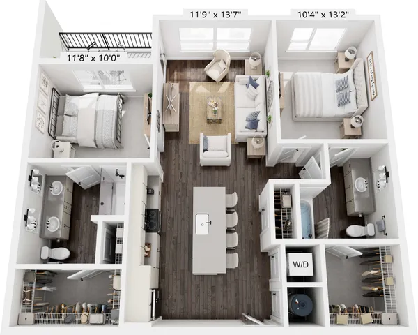 Modern 3D floor plan showcasing 2 spacious bedrooms, elegant open-concept living and dining area, stylish kitchen island, and 2 luxurious bathrooms with walk-in closets.