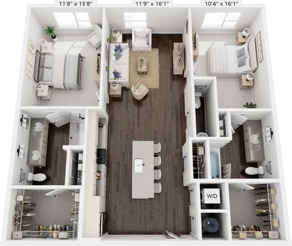 Charming 3D floor plan showcasing a contemporary 2-bedroom apartment with modern open-concept living area, stylish kitchen island, and two elegant bathrooms.