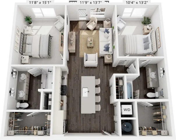 Modern open-layout floor plan featuring two bedrooms, stylish living area, spacious kitchen with island seating, and luxurious bathrooms.