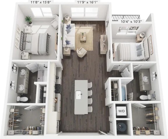 Modern open-concept apartment floor plan with 2 bedrooms, stylish living area, gourmet kitchen, and 2 sleek bathrooms.